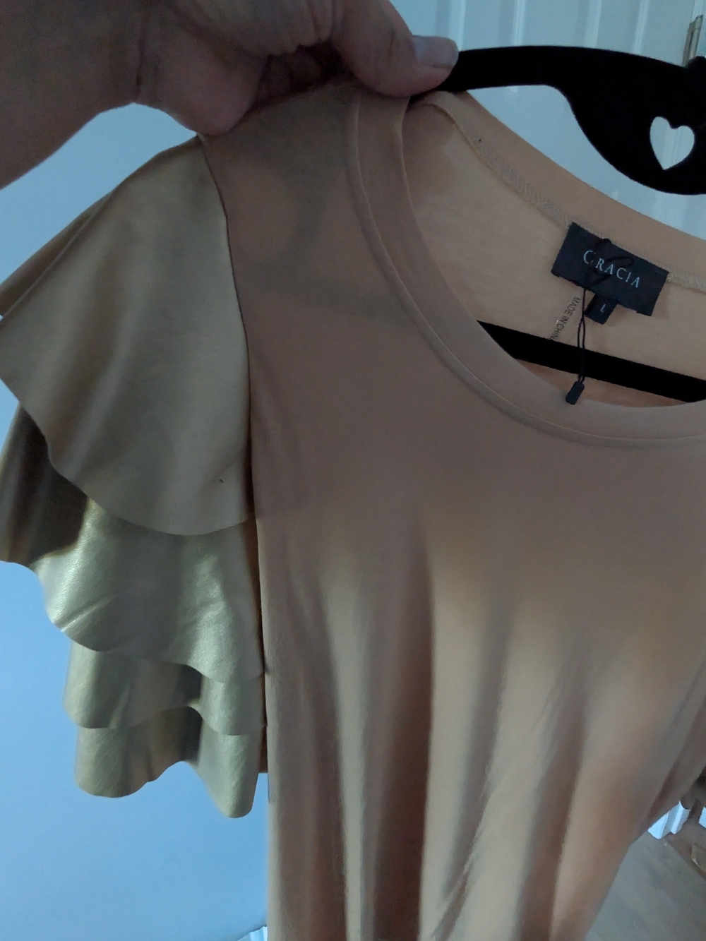 Gracia Gold Beige Layered Ruffle Sleeve Short-Sleeve Top Large - Picture 5 of 5